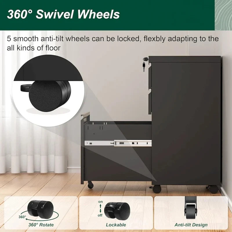3-Drawer Mobile Vertical Filing Cabinet for Home Office
