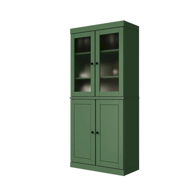 Solid Wood Storage Cabinet with Frosted Glass Doors, 2 Drawers and Adjustable Shelves