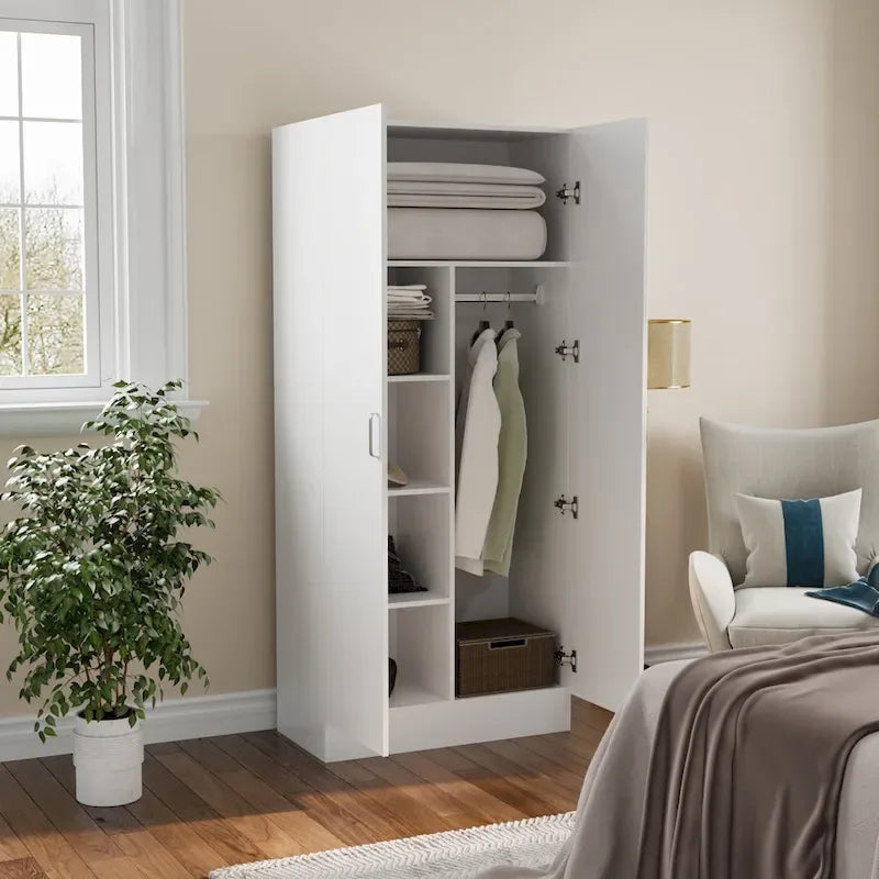 Freestanding 2-Door Bedroom Wardrobe with Clothes Rail