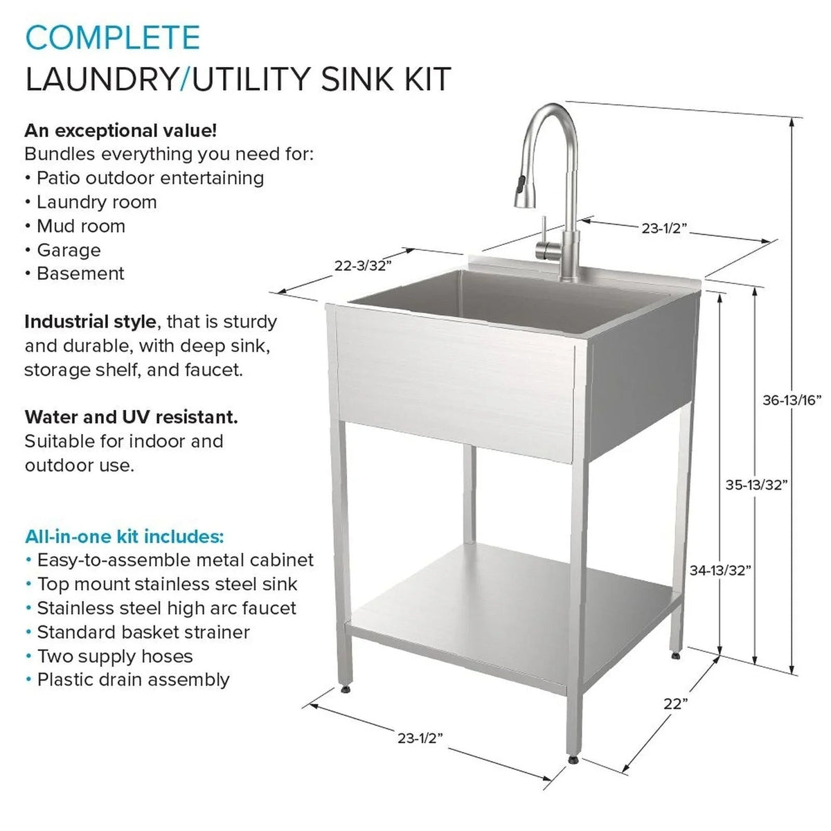 24-Inch Stainless Steel Laundry Utility Sink with Wash Station, 24W x 22D x 35H in.