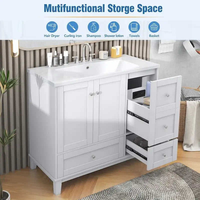36-Inch Bathroom Vanity with USB Charging, Resin Sink, Solid Wood Frame and 3 Drawers
