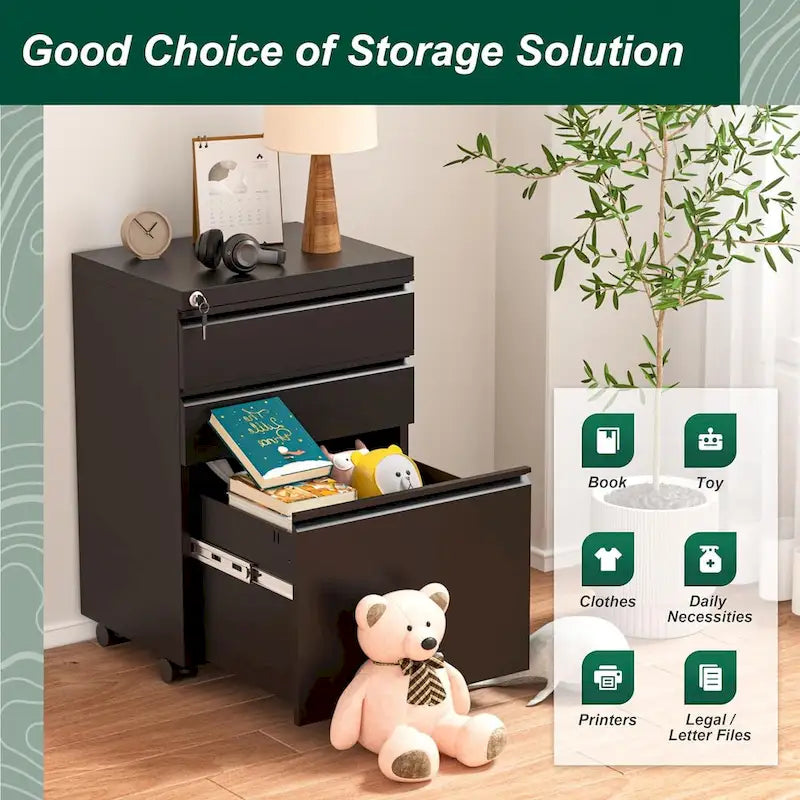 3-Drawer Mobile Vertical Filing Cabinet for Home Office
