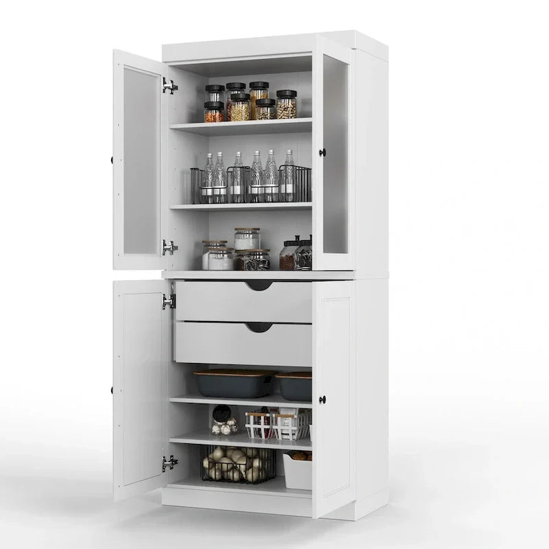 Solid Wood Storage Cabinet with Frosted Glass Doors, 2 Drawers and Adjustable Shelves
