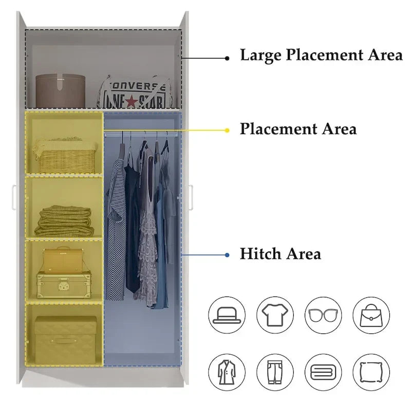 Freestanding 2-Door Bedroom Wardrobe with Clothes Rail