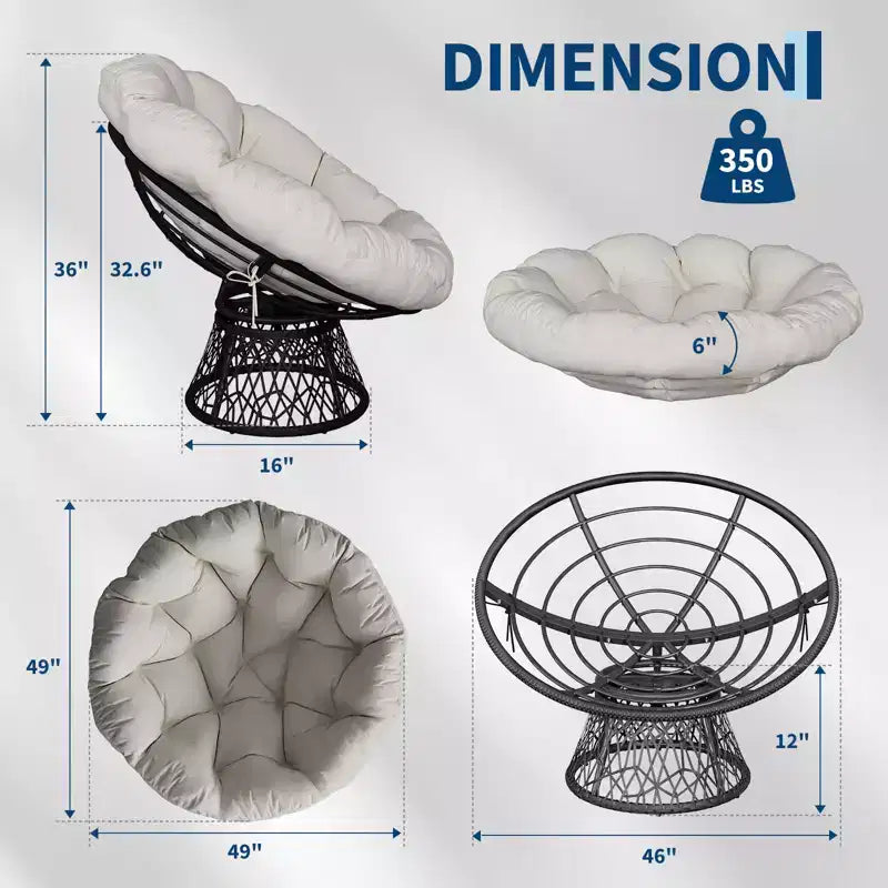37-Inch Swivel Papasan Wicker Chair with Thick Cushion, Indoor/Outdoor, Steel Frame