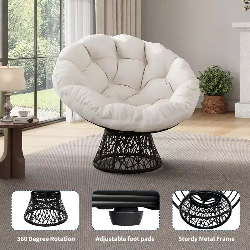 37-Inch Swivel Papasan Wicker Chair with Thick Cushion, Indoor/Outdoor, Steel Frame