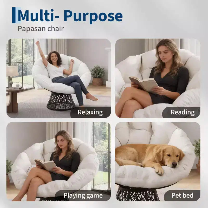 37-Inch Swivel Papasan Wicker Chair with Thick Cushion, Indoor/Outdoor, Steel Frame