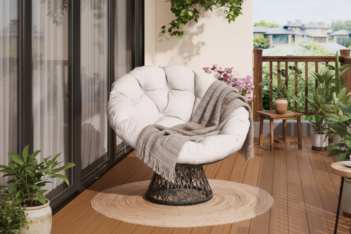 37-Inch Swivel Papasan Wicker Chair with Thick Cushion, Indoor/Outdoor, Steel Frame