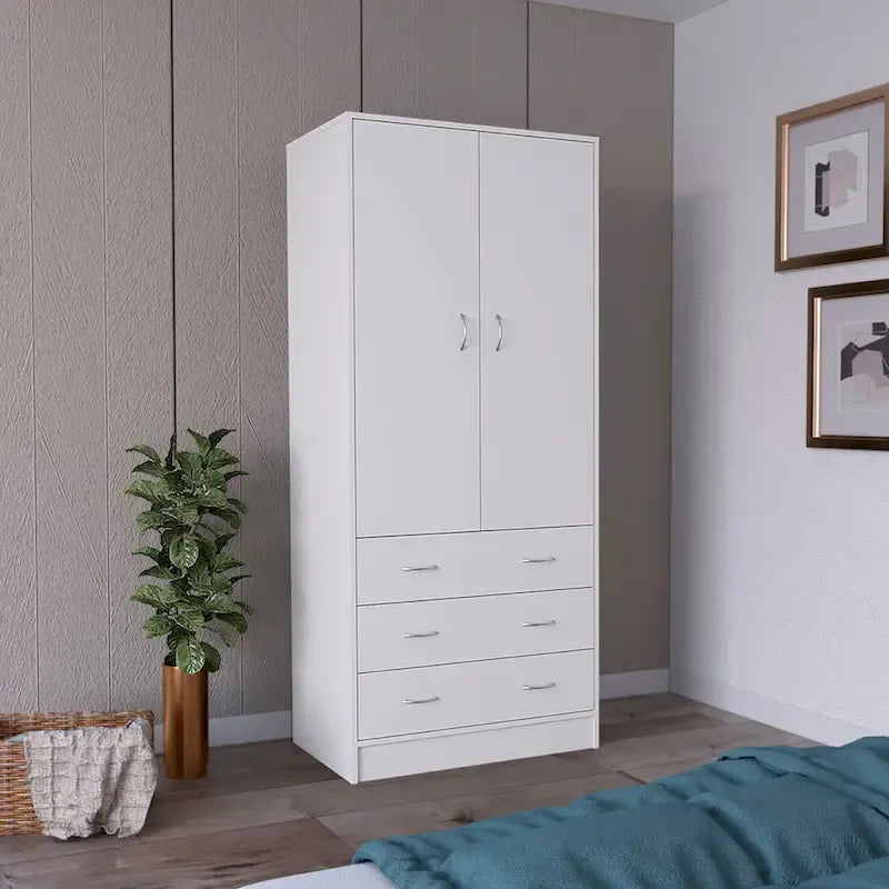 Modern 2-Door Wardrobe with 3 Drawers and 1 Hanging Rail