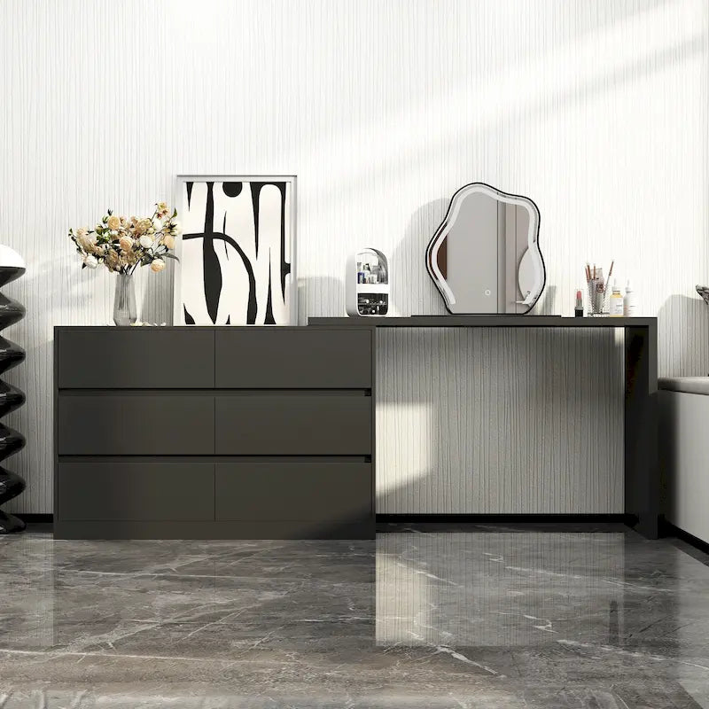 32.7-Inch Swivel Dresser and 6-Drawer Desk/Vanity, White/Black