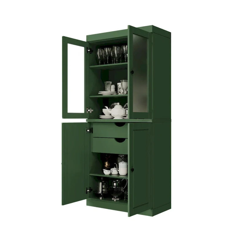 Solid Wood Storage Cabinet with Frosted Glass Doors, 2 Drawers and Adjustable Shelves