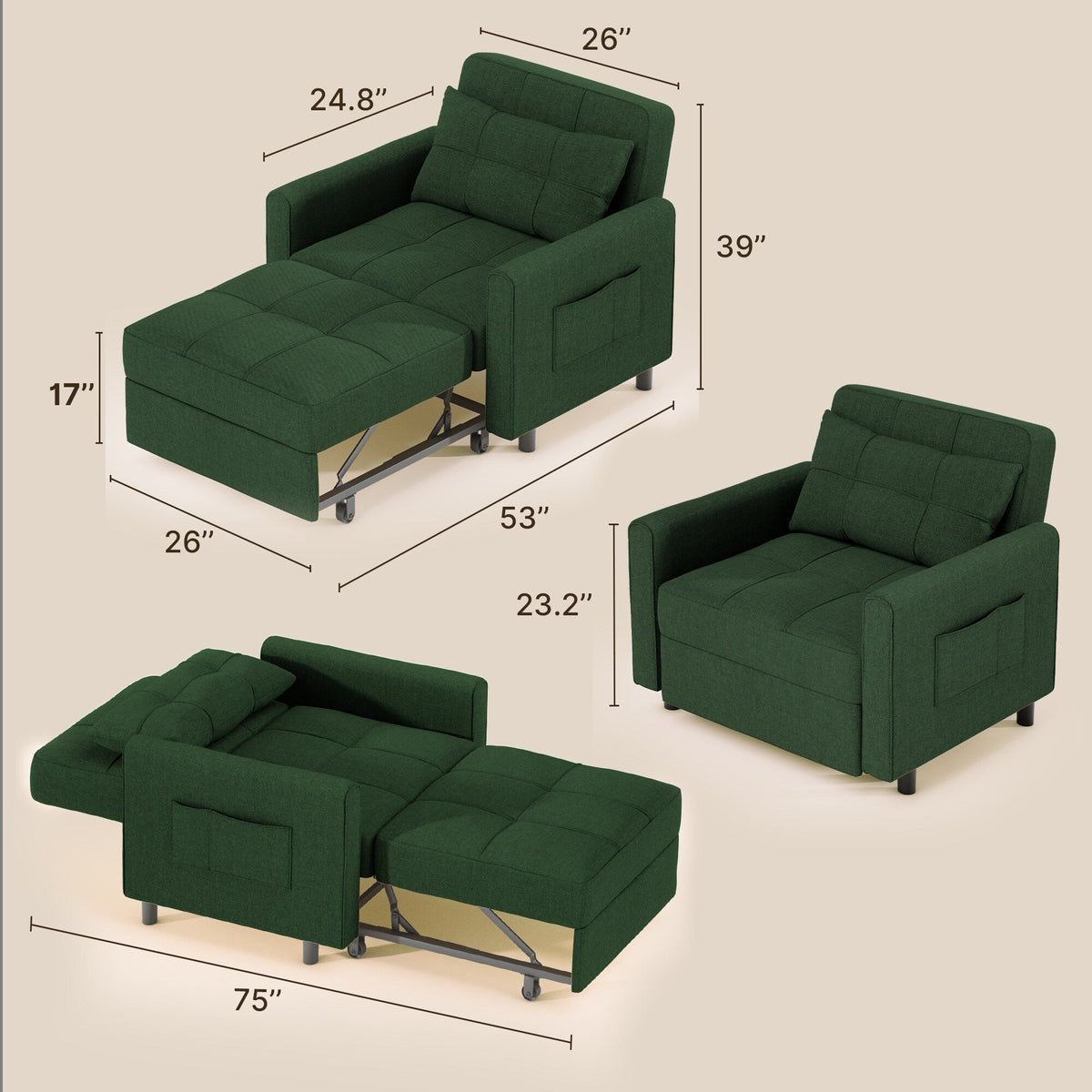 3-in-1 Convertible Sofa Bed, Folding Sofa Chair and Sleeper for Living Room