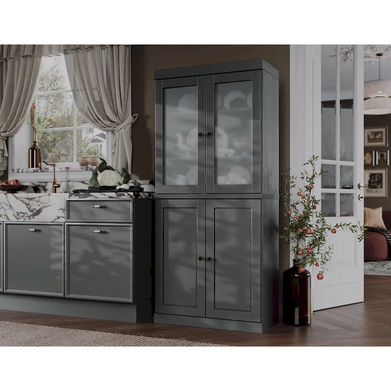 Solid Wood Storage Cabinet with Frosted Glass Doors, 2 Drawers and Adjustable Shelves
