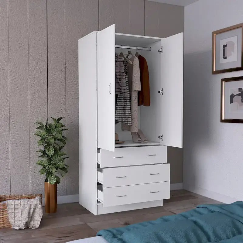 Modern 2-Door Wardrobe with 3 Drawers and 1 Hanging Rail