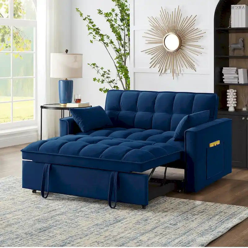 4-in-1 Convertible Velvet Loveseat Sleeper with Reclining Backrest and 2 Side Pockets