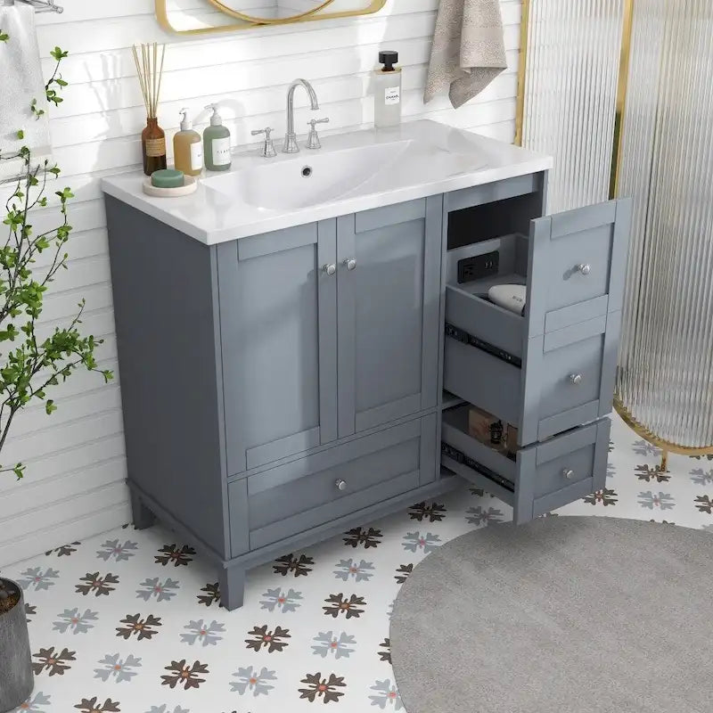 36-Inch Bathroom Vanity with USB Charging, Resin Sink, Solid Wood Frame and 3 Drawers