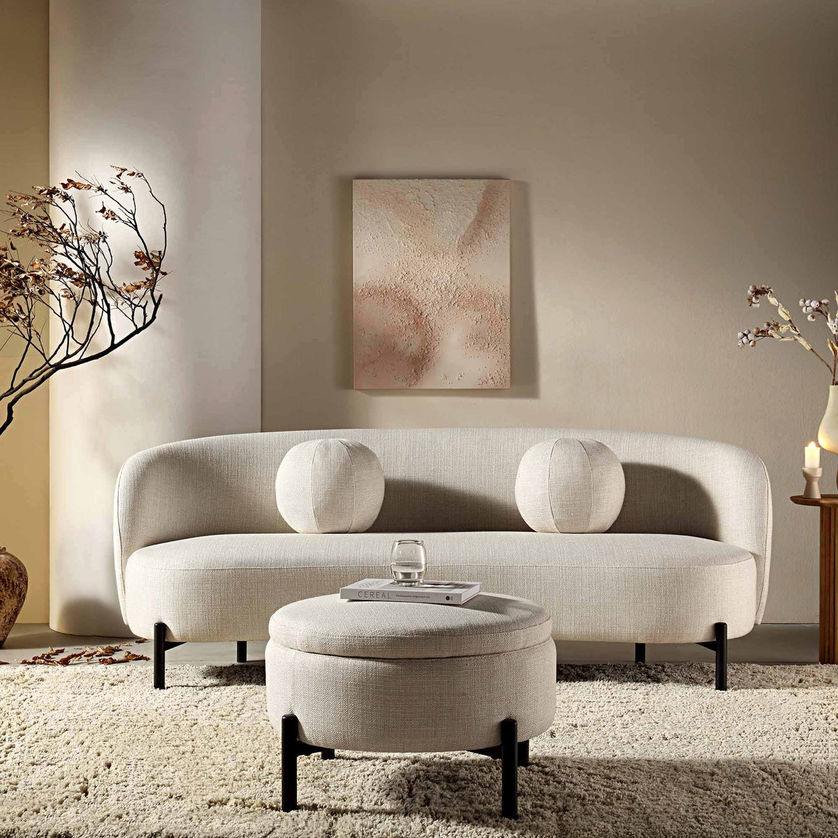 3-Seat Curved Sofa with Ball Cushions, Beige Linen Blend