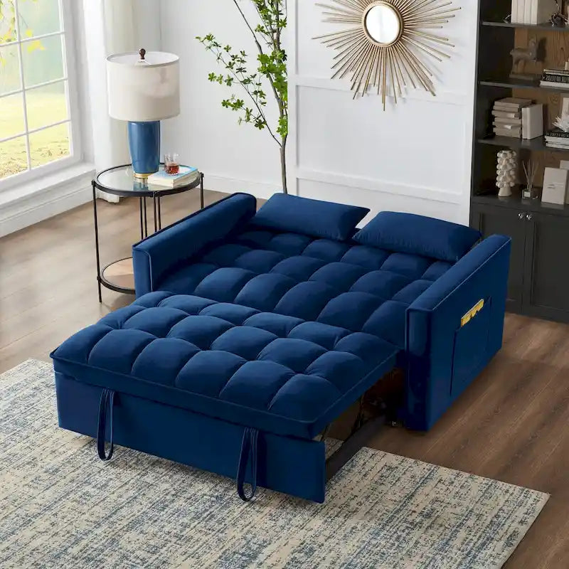 4-in-1 Convertible Velvet Loveseat Sleeper with Reclining Backrest and 2 Side Pockets