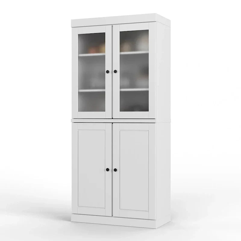 Solid Wood Storage Cabinet with Frosted Glass Doors, 2 Drawers and Adjustable Shelves