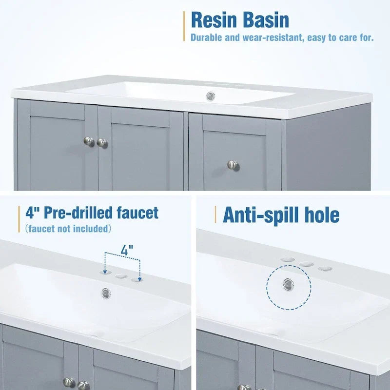 36-Inch Bathroom Vanity with USB Charging, Resin Sink, Solid Wood Frame and 3 Drawers