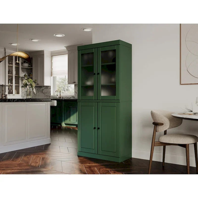 Solid Wood Storage Cabinet with Frosted Glass Doors, 2 Drawers and Adjustable Shelves