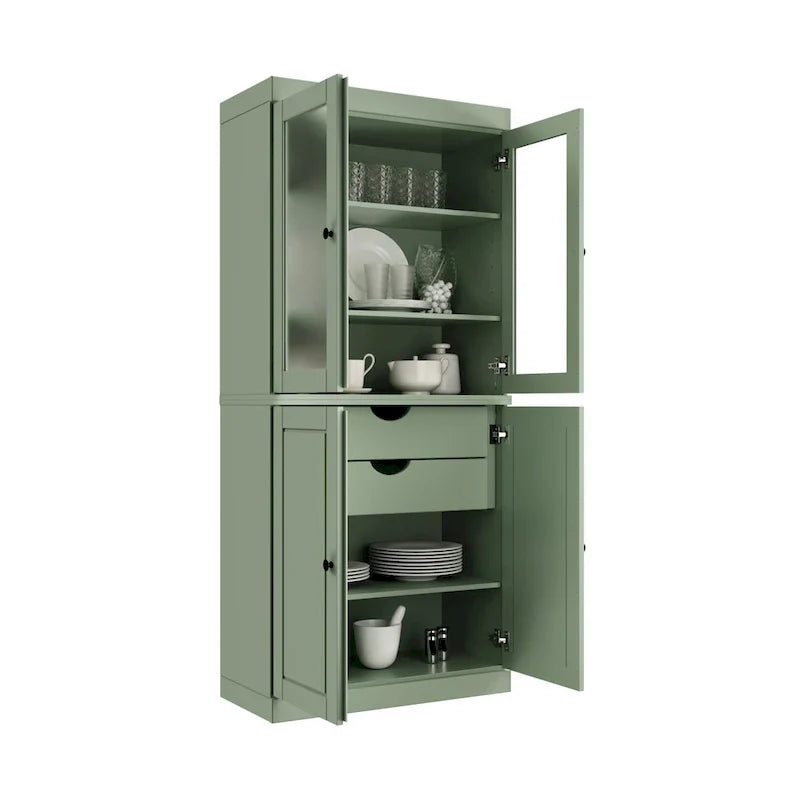 Solid Wood Storage Cabinet with Frosted Glass Doors, 2 Drawers and Adjustable Shelves