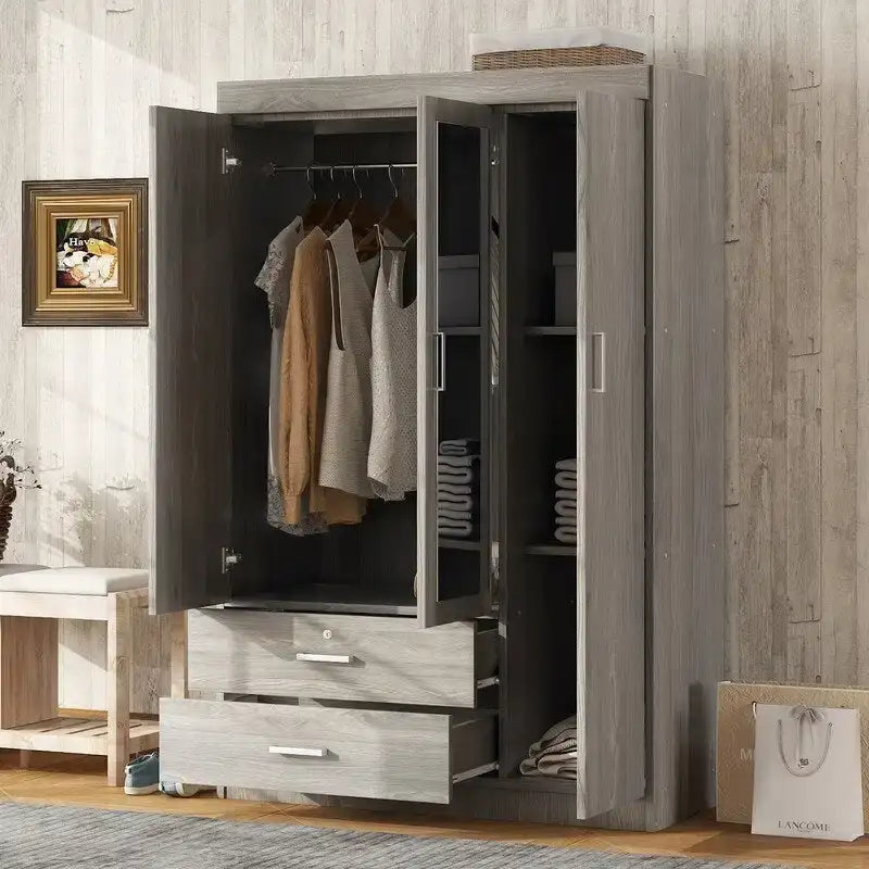 3-Door Wardrobe with Mirrors, Shelves and 2 Drawers