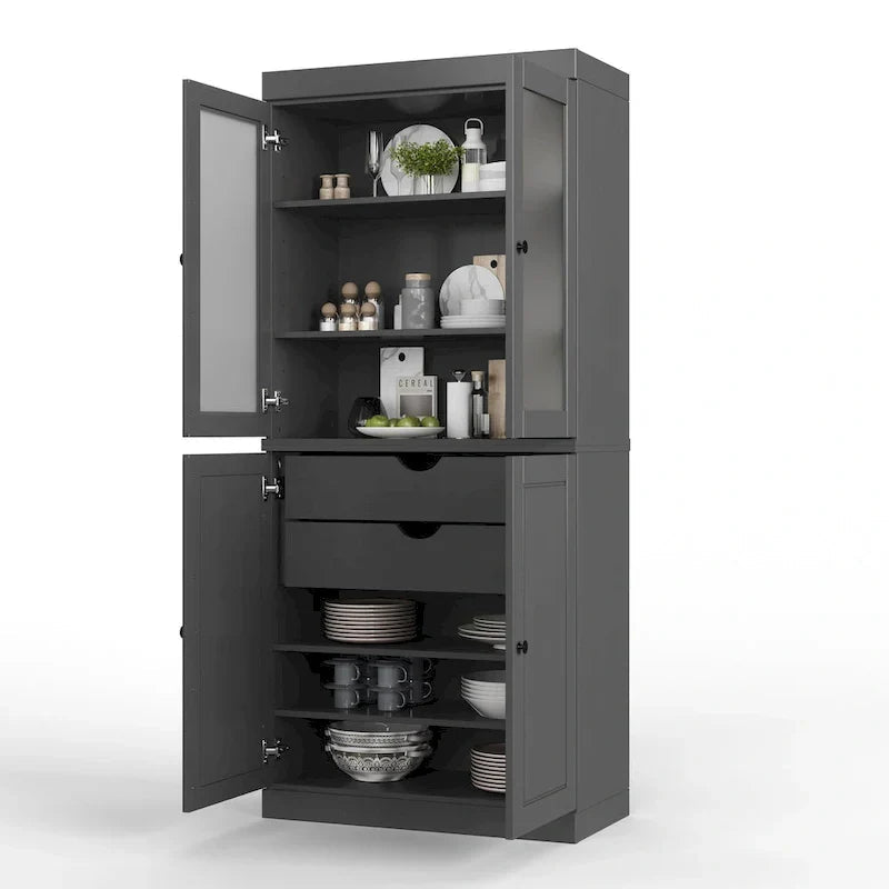Solid Wood Storage Cabinet with Frosted Glass Doors, 2 Drawers and Adjustable Shelves