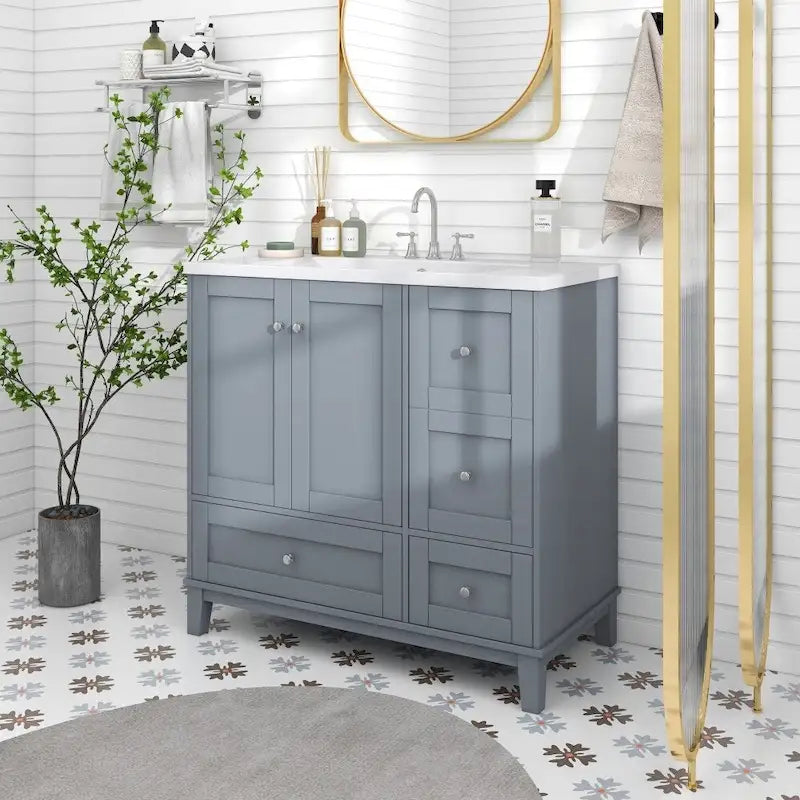 36-Inch Bathroom Vanity with USB Charging, Resin Sink, Solid Wood Frame and 3 Drawers