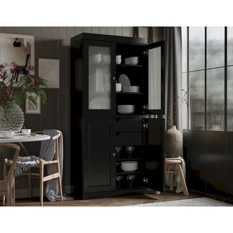 Solid Wood Storage Cabinet with Frosted Glass Doors, 2 Drawers and Adjustable Shelves
