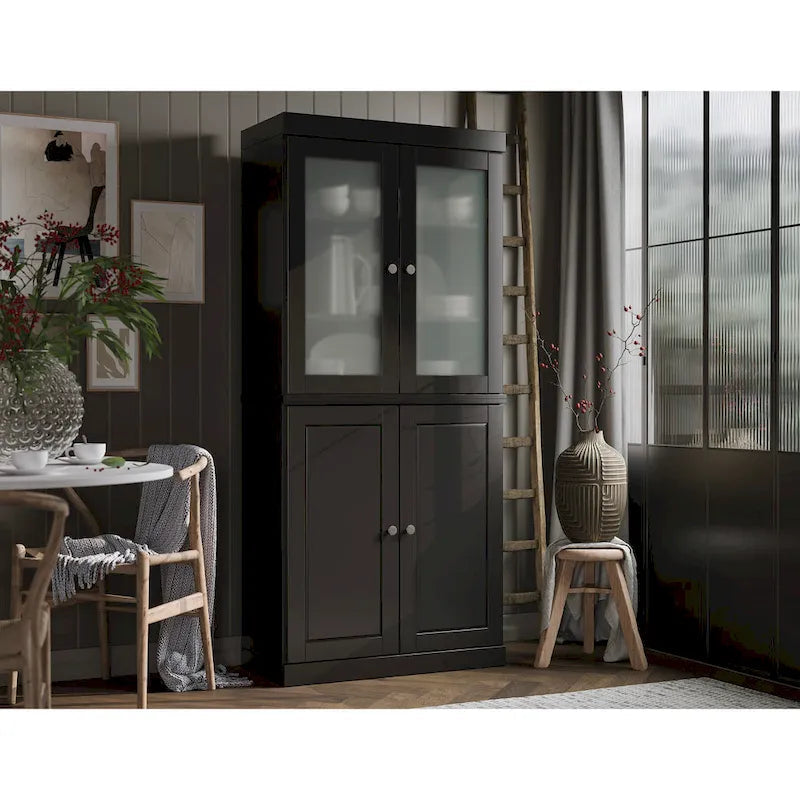 Solid Wood Storage Cabinet with Frosted Glass Doors, 2 Drawers and Adjustable Shelves