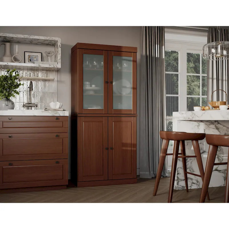 Solid Wood Storage Cabinet with Frosted Glass Doors, 2 Drawers and Adjustable Shelves