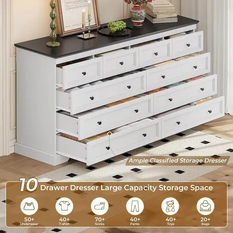 10-Drawer Dresser, Large Wooden Chest of Drawers