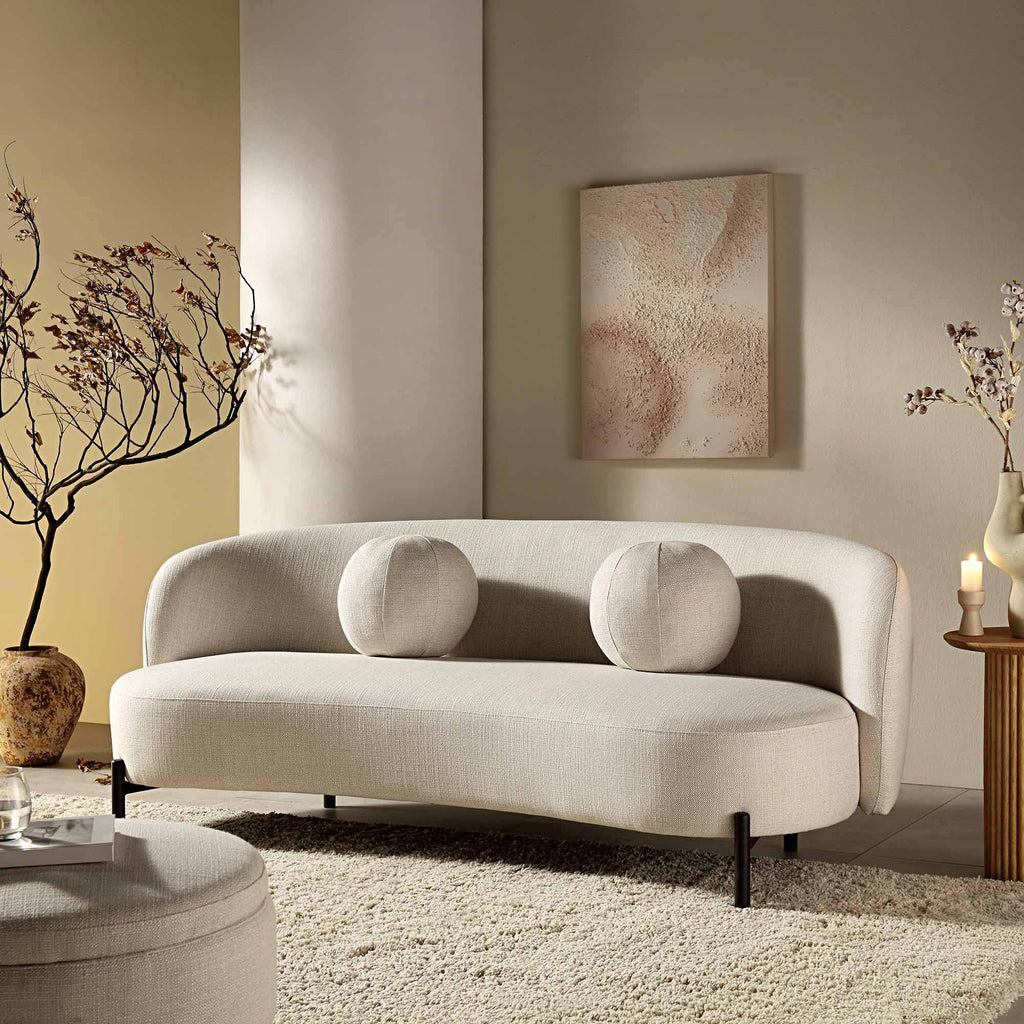 3-Seat Curved Sofa with Ball Cushions, Beige Linen Blend