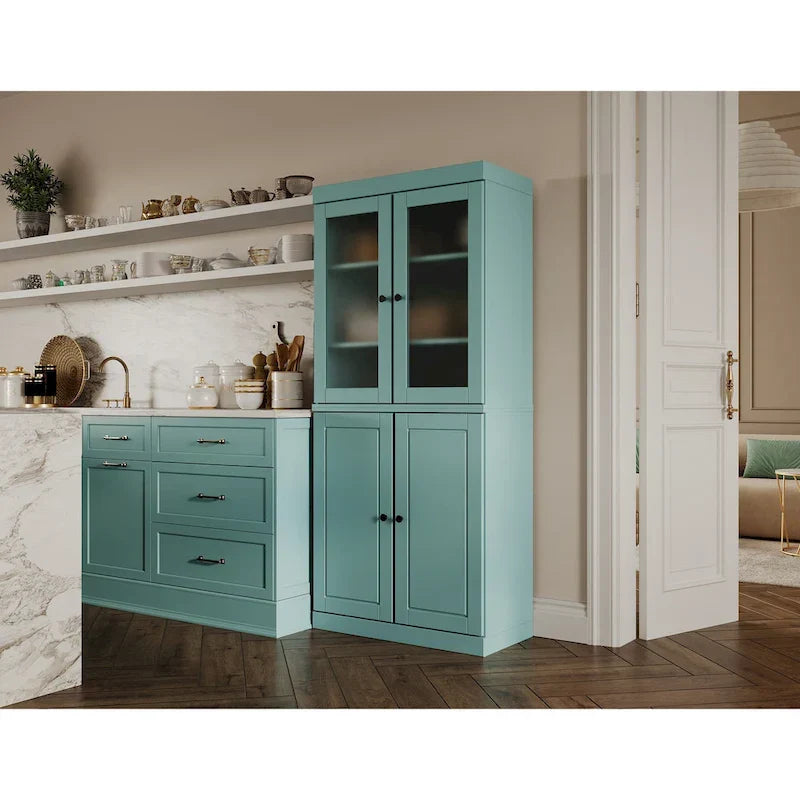 Solid Wood Storage Cabinet with Frosted Glass Doors, 2 Drawers and Adjustable Shelves