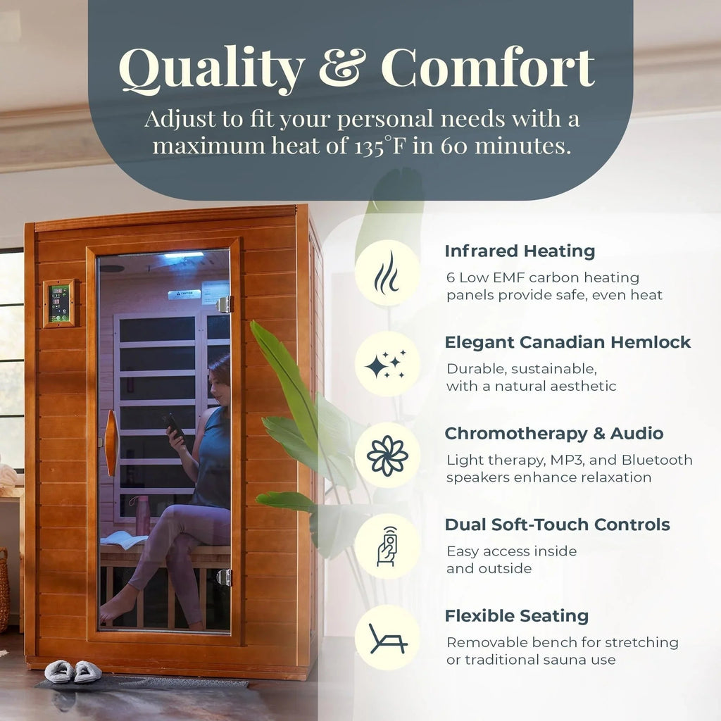 Low-EMF Far Infrared Sauna for 2 People, Canadian Hemlock Wood