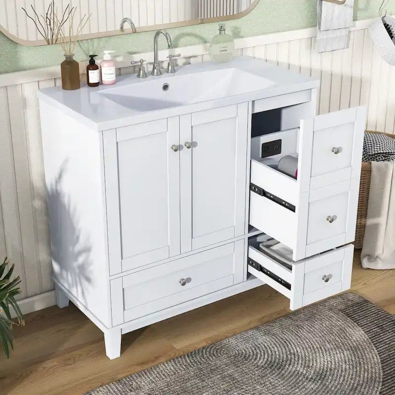 36-Inch Bathroom Vanity with USB Charging, Resin Sink, Solid Wood Frame and 3 Drawers