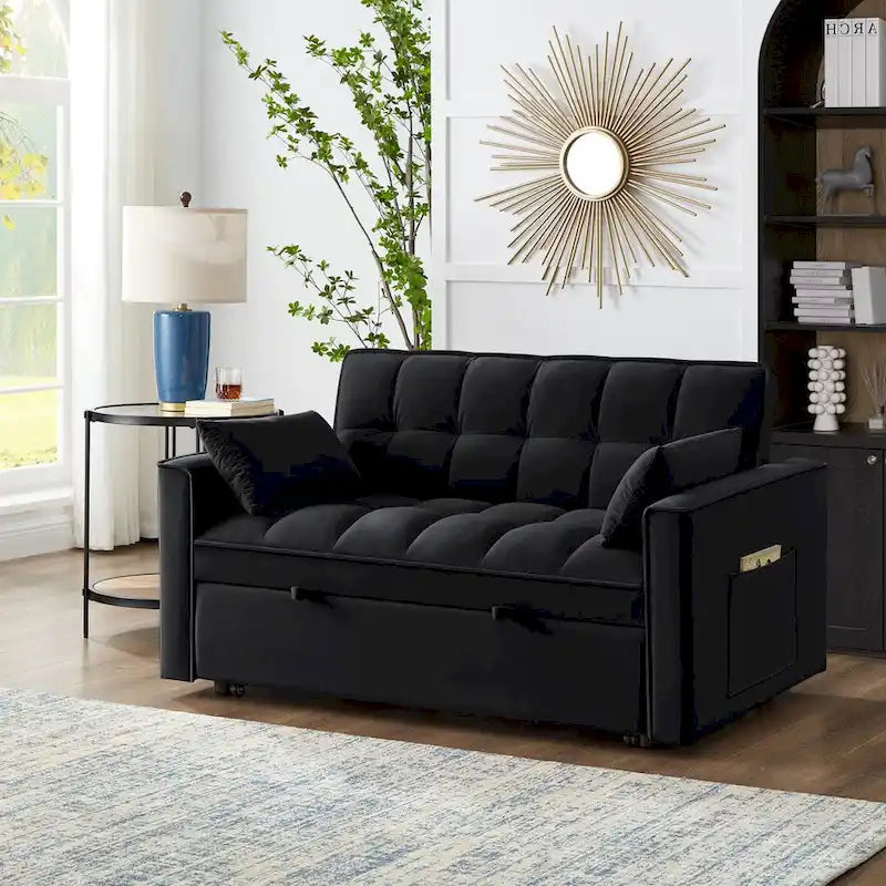 4-in-1 Convertible Velvet Loveseat Sleeper with Reclining Backrest and 2 Side Pockets