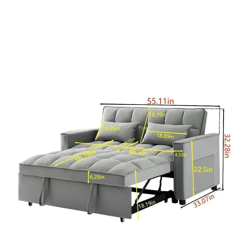 3-in-1 Velvet Convertible Sofa Bed with Trundle and Reclining Backrest