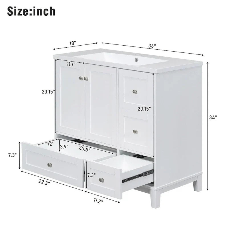 36-Inch Bathroom Vanity with USB Charging, Resin Sink, Solid Wood Frame and 3 Drawers