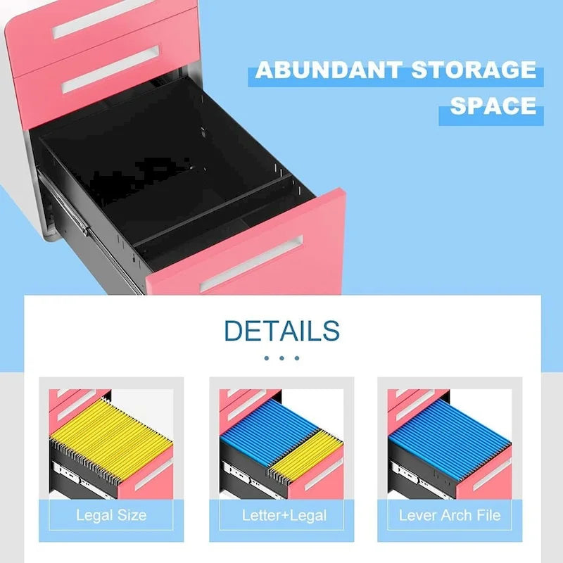 3-Drawer Mobile Vertical Filing Cabinet for Home Office