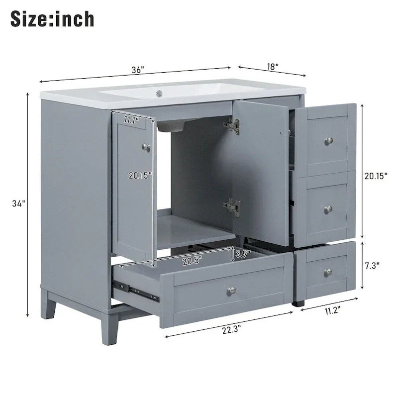 36-Inch Bathroom Vanity with USB Charging, Resin Sink, Solid Wood Frame and 3 Drawers