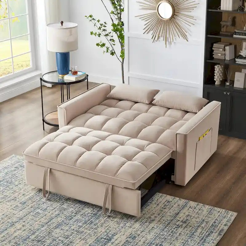 4-in-1 Convertible Velvet Loveseat Sleeper with Reclining Backrest and 2 Side Pockets