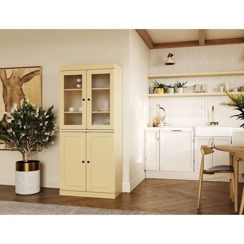 Solid Wood Storage Cabinet with Frosted Glass Doors, 2 Drawers and Adjustable Shelves