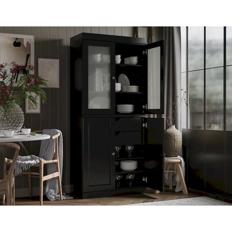 Solid Wood Storage Cabinet with Frosted Glass Doors, 2 Drawers and Adjustable Shelves