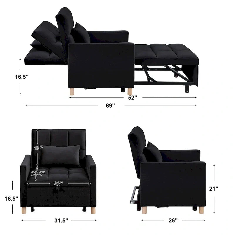 3-in-1 Convertible Chair Bed, Black
