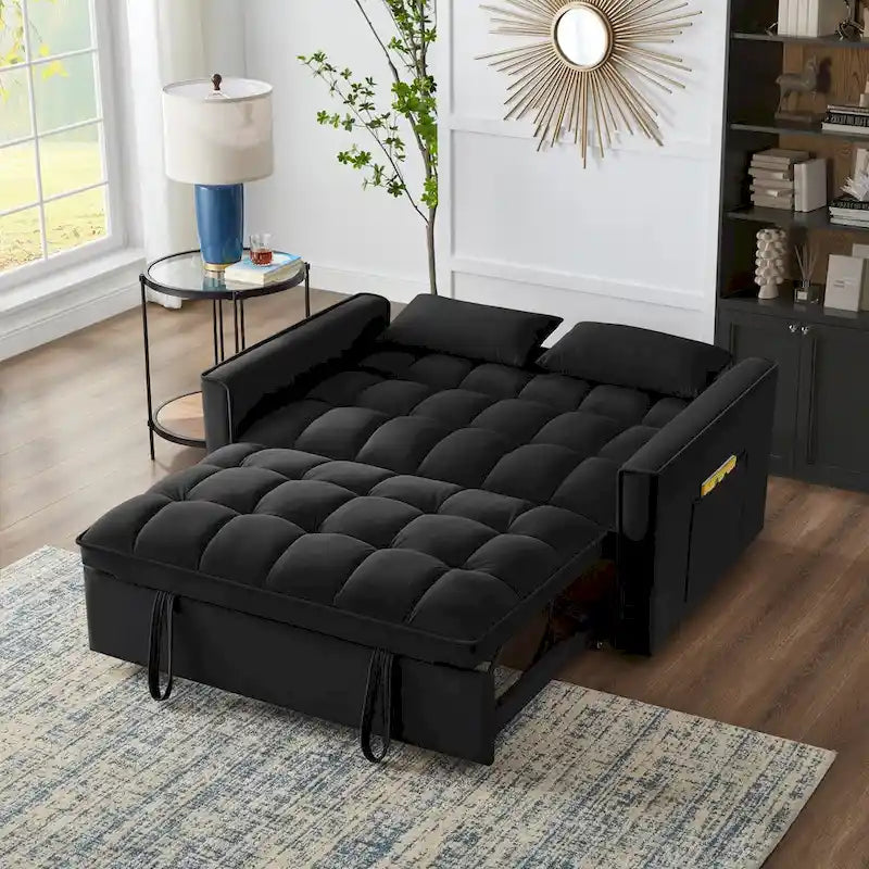 4-in-1 Convertible Velvet Loveseat Sleeper with Reclining Backrest and 2 Side Pockets