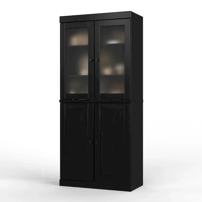 Solid Wood Storage Cabinet with Frosted Glass Doors, 2 Drawers and Adjustable Shelves
