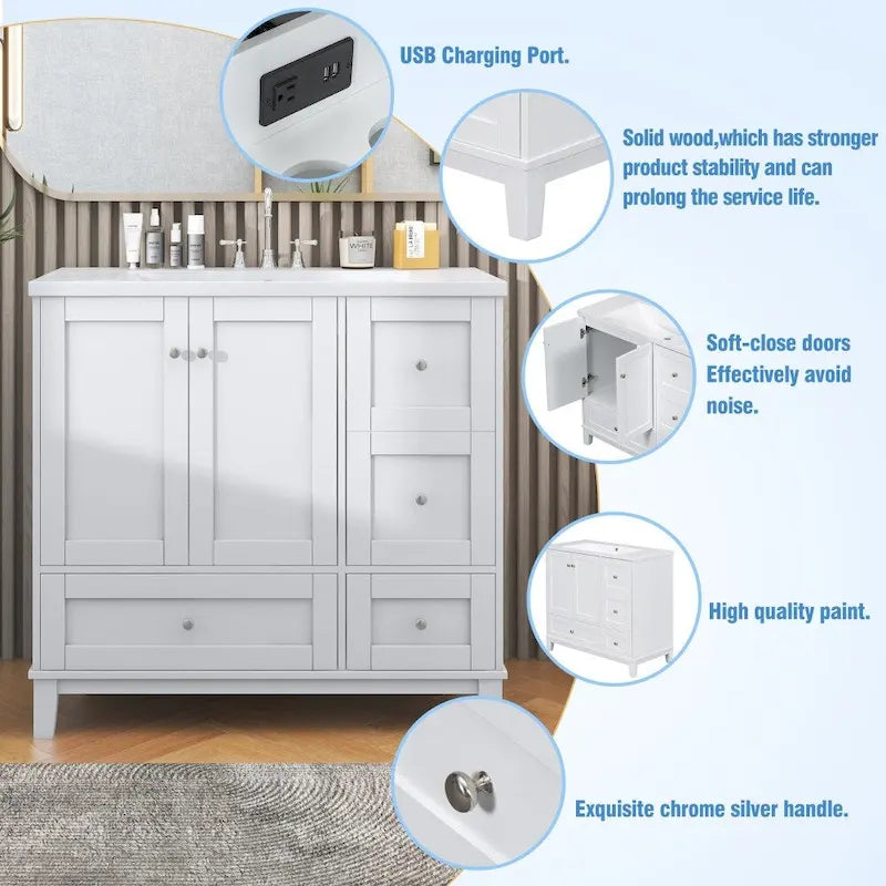 36-Inch Bathroom Vanity with USB Charging, Resin Sink, Solid Wood Frame and 3 Drawers