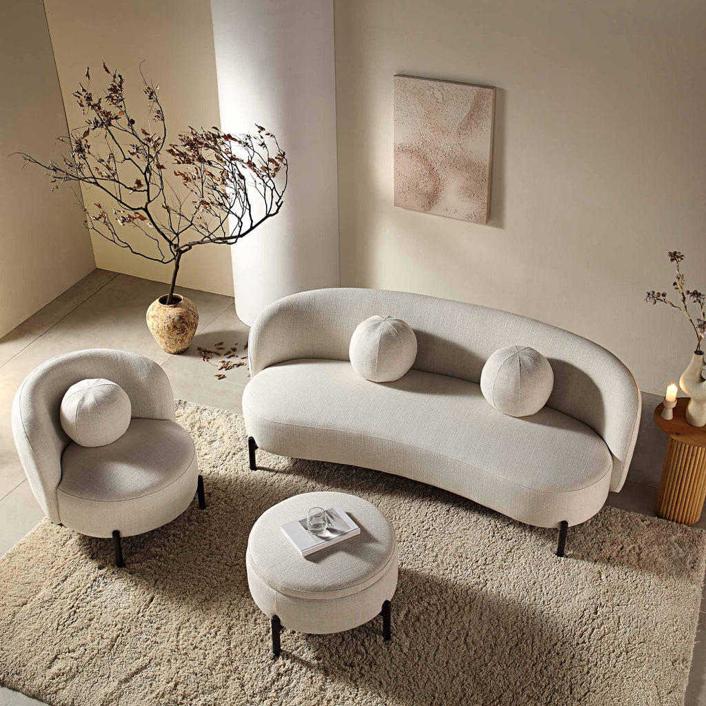 3-Seat Curved Sofa with Ball Cushions, Beige Linen Blend